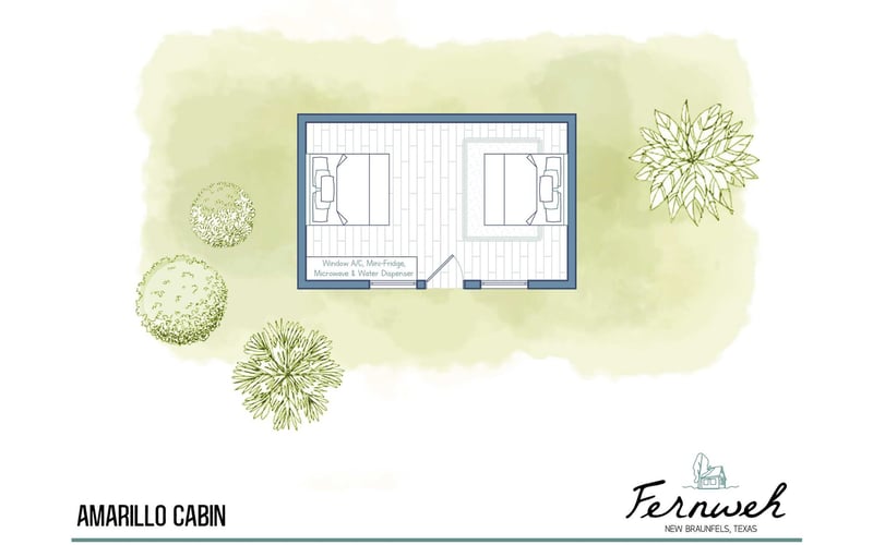 Floor plan of the Amarillo Cabin, a small structure with two bedrooms, each with a bed and window, a shared door, and a small area labeled 'Window A/C, Mini-Fridge, Microwave & Water Dispenser.' The cabin is surrounded by trees and bushes, and the la