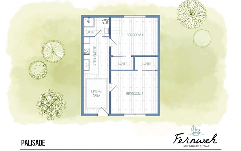 Floor plan for a two-bedroom house labeled 'Palisade' in New Braunfels, Texas, showing a living area, kitchenette, bathroom, two bedrooms, and closets, with surrounding trees.