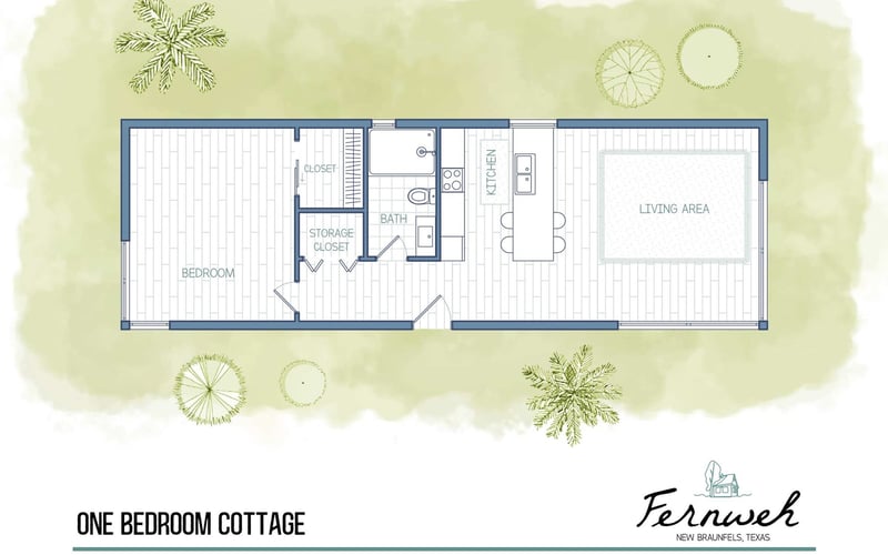 Floor plan of a one-bedroom cottage in New Braunfels, Texas, showing a bedroom, bathroom, storage closet, kitchen with an island, and a living area, with outside landscaping including trees.