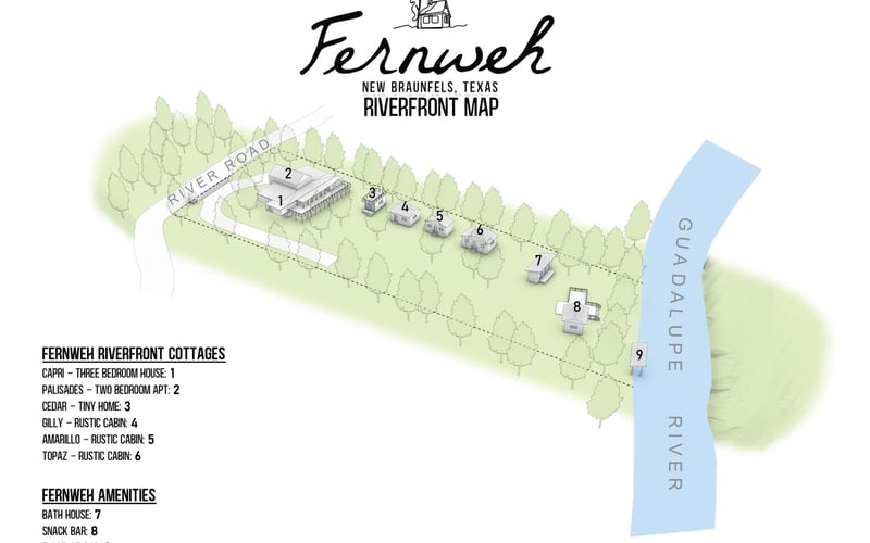Map of Fernweh Riverfront in New Braunfels, Texas, showing cottages and amenities along the Guadalupe River. The map labels six cottages, a bathhouse, a snack bar, and a float-up bar, with River Road providing access. Trees and open spaces surround t