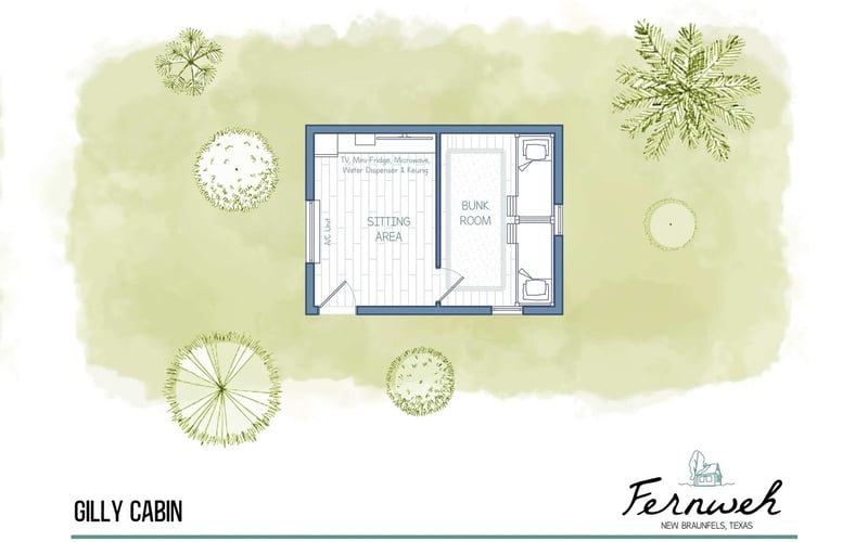 Floor plan of a small cabin labeled 'Gilly Cabin' featuring a sitting area, bunk room, and external greenery with trees and shrubs.
