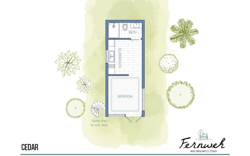 Floor plan of a small house named 'Cedar' in Fernweh, New Braunfels, Texas, showing a bedroom, kitchenette, bathroom, spiral stair to roof deck, surrounded by trees.