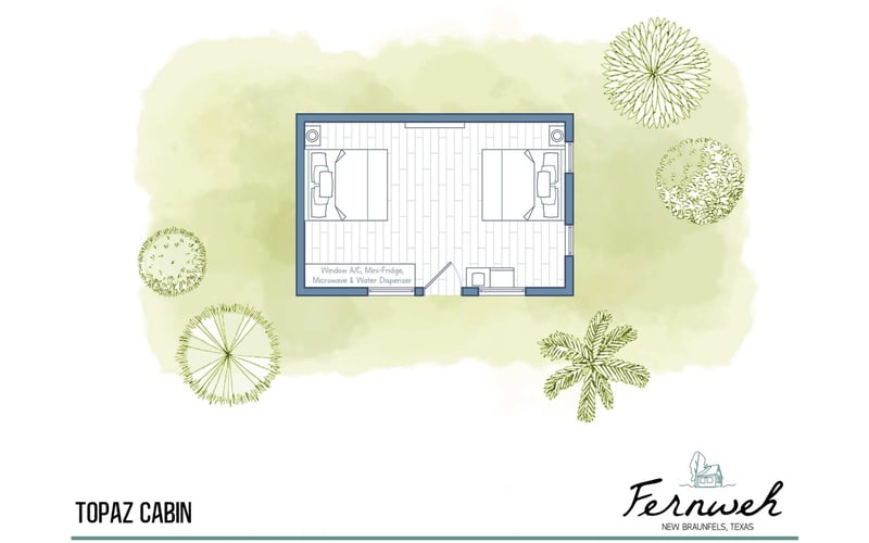 Floor plan of Topaz Cabin, a small house with two bedrooms, located in Fernweh, New Braunfels, Texas. The cabin is surrounded by trees.