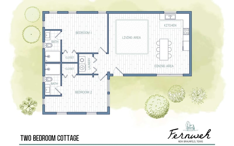 Floor plan of a two-bedroom cottage with a living area, kitchen, dining area, two bedrooms, two bathrooms, and laundry room, with some outdoor landscaping.