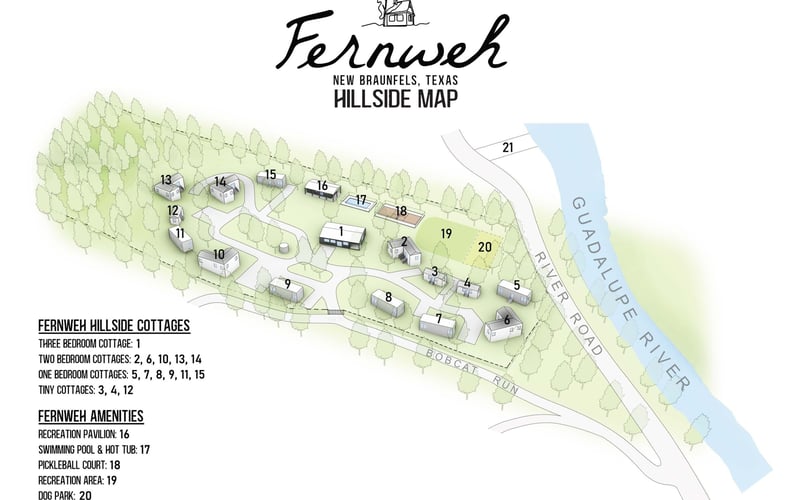 Map of Fernweh Hillside in New Braunfels, Texas, showing cottages and amenities near the Guadalupe River. The map labels various cottages, a recreation pavilion, a swimming pool with a hot tub, a pickleball court, a recreation area, a dog park, and r
