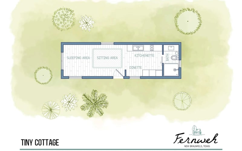 Floor plan of a tiny cottage with a sleeping area, sitting area, kitchenette, dinette, and bathroom, surrounded by trees.