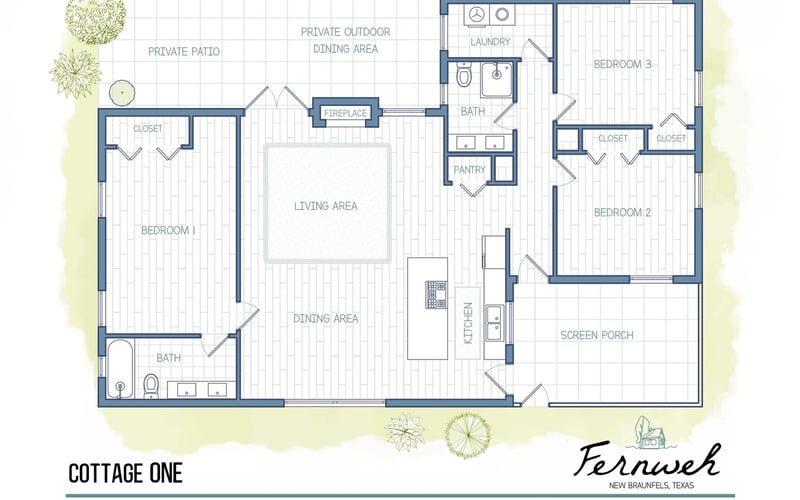 Floor plan of Cottage One in Fernweh, New Braunfels, Texas, showing three bedrooms, two bathrooms, living and dining areas, kitchen, laundry, pantry, covered porch, private outdoor dining, and patio.